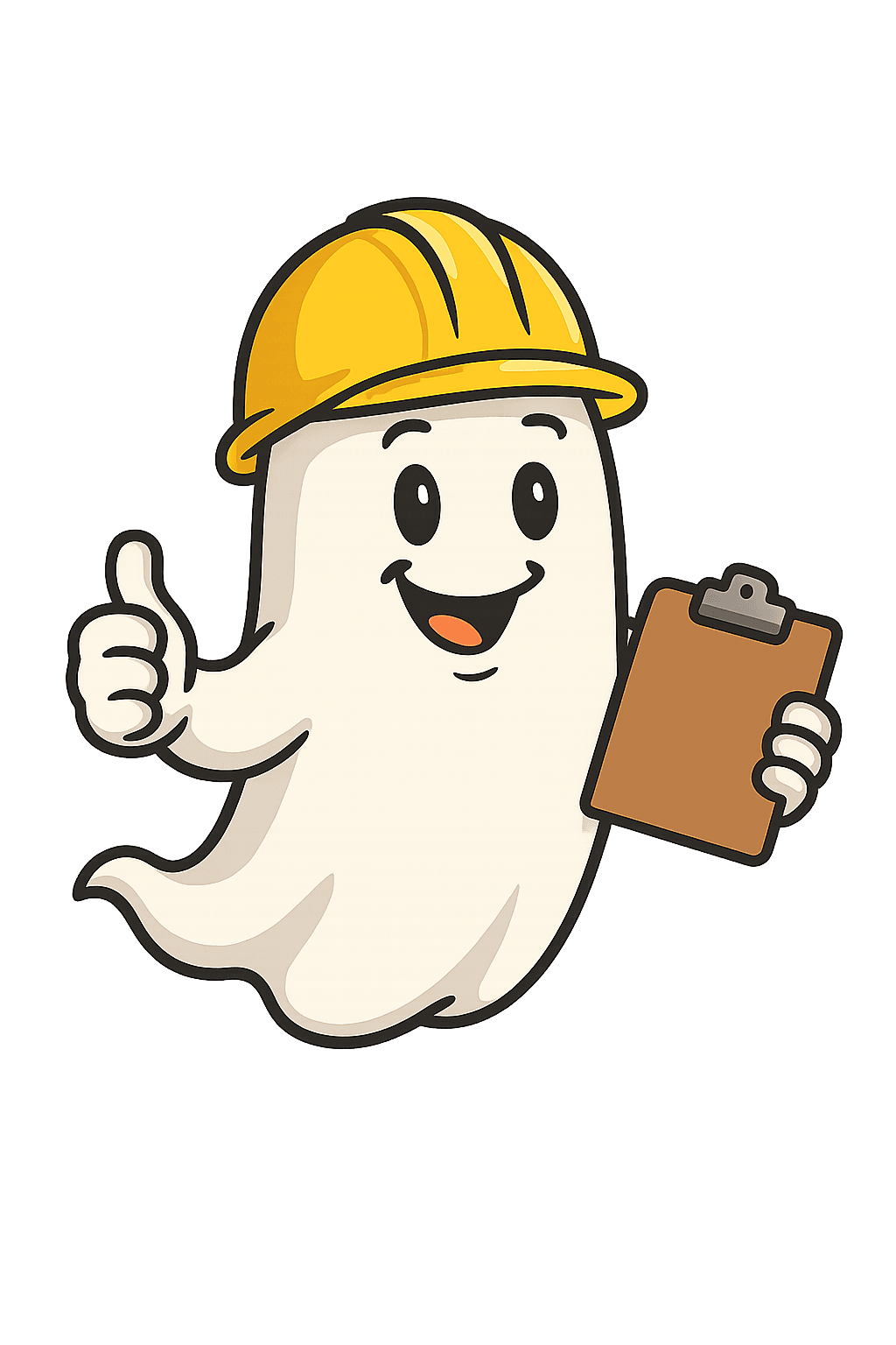 Friendly ghost contractor mascot wearing a hard hat