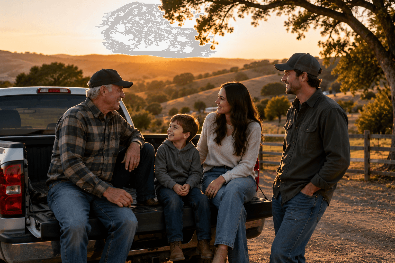 Multi-generational family enjoying time together on a ranch at sunset