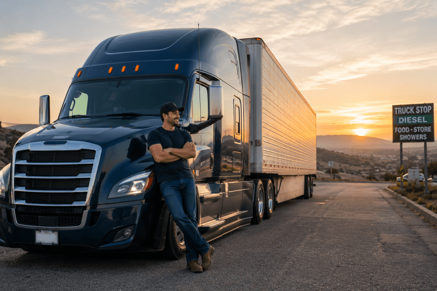 Professional truck driver standing beside a semi truck