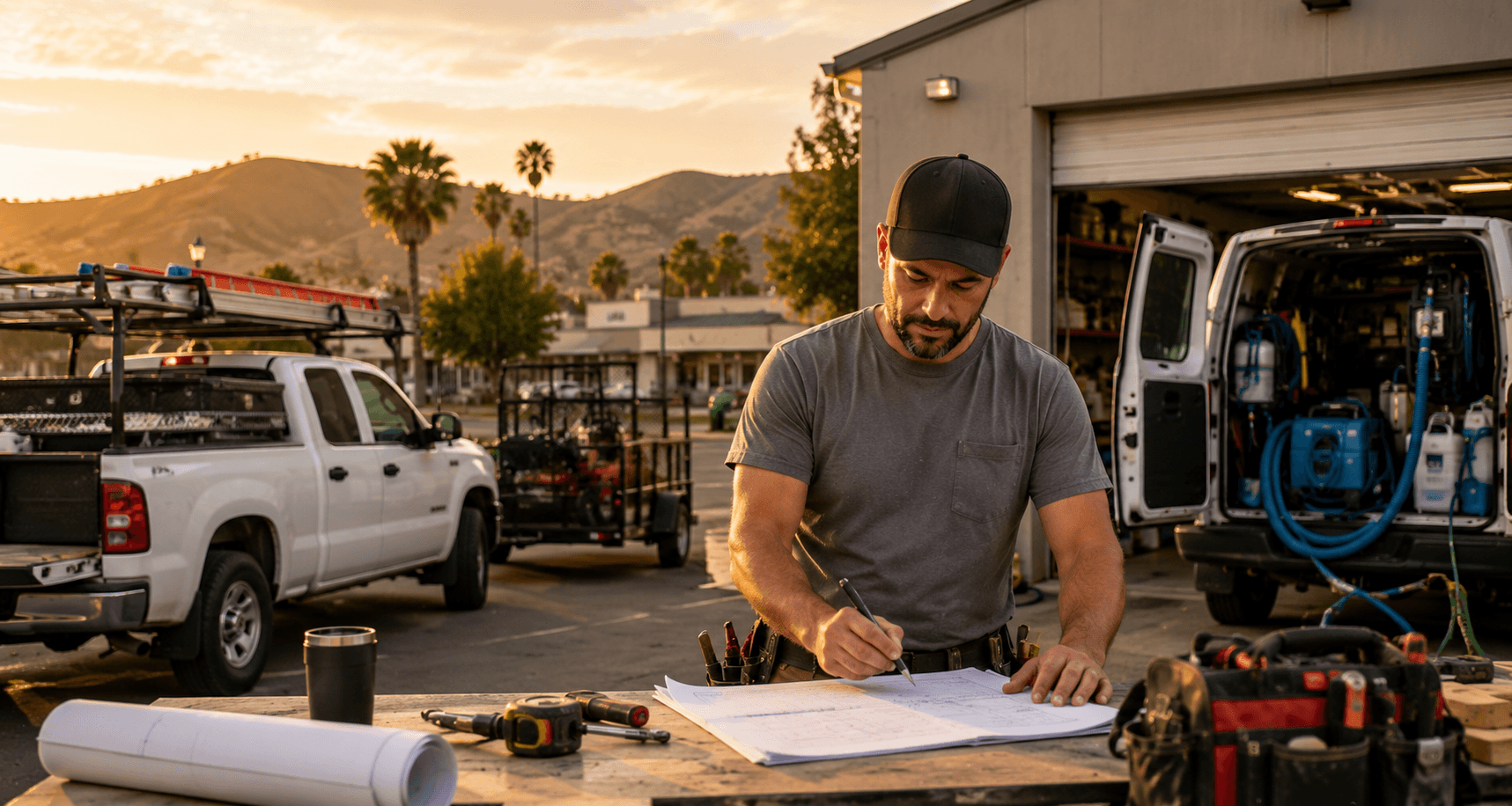 Small business owner reviewing plans at a job site